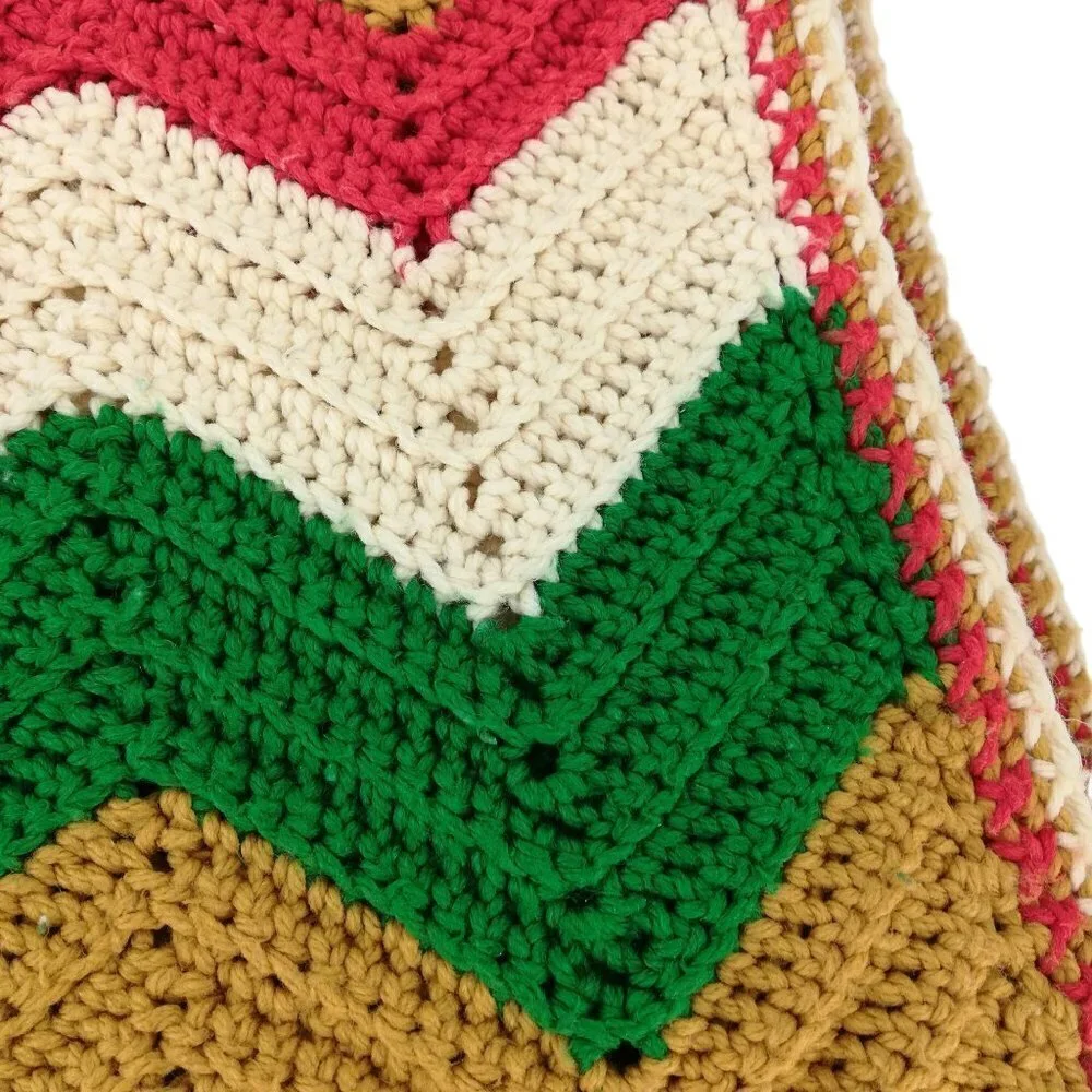 Vintage Crochet Chevron Striped Afghan Blanket Throw Fringe 52 x 74 Orange Green